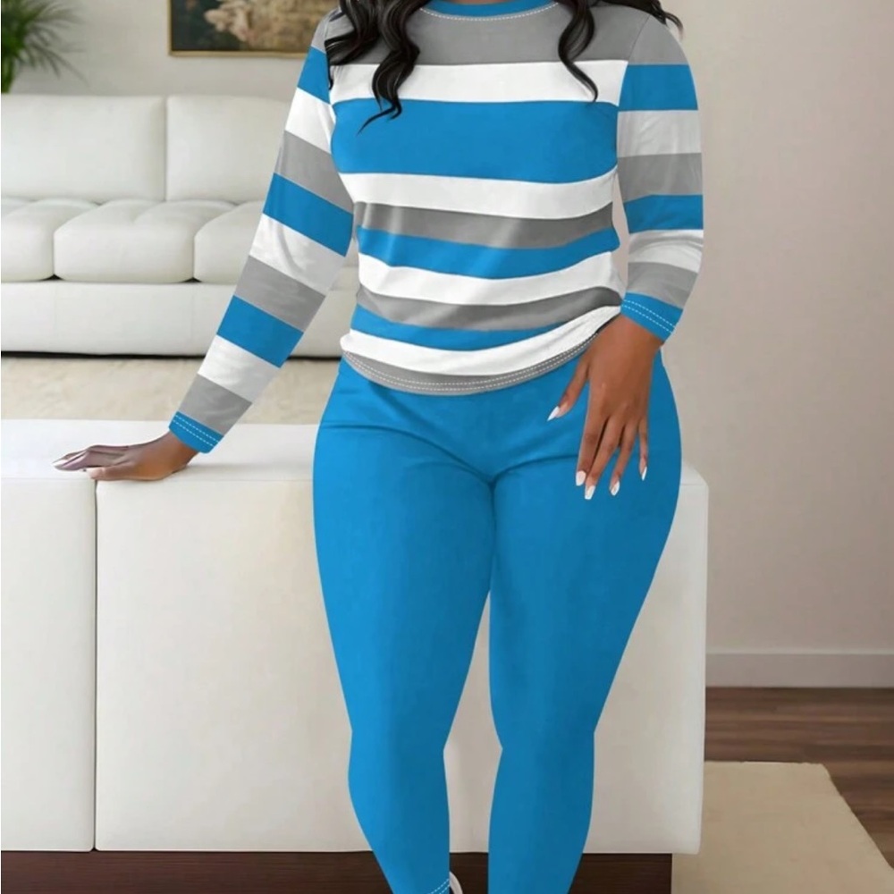 Plus Size Blue Striped Long Sleeve Pants Set/ 4X
